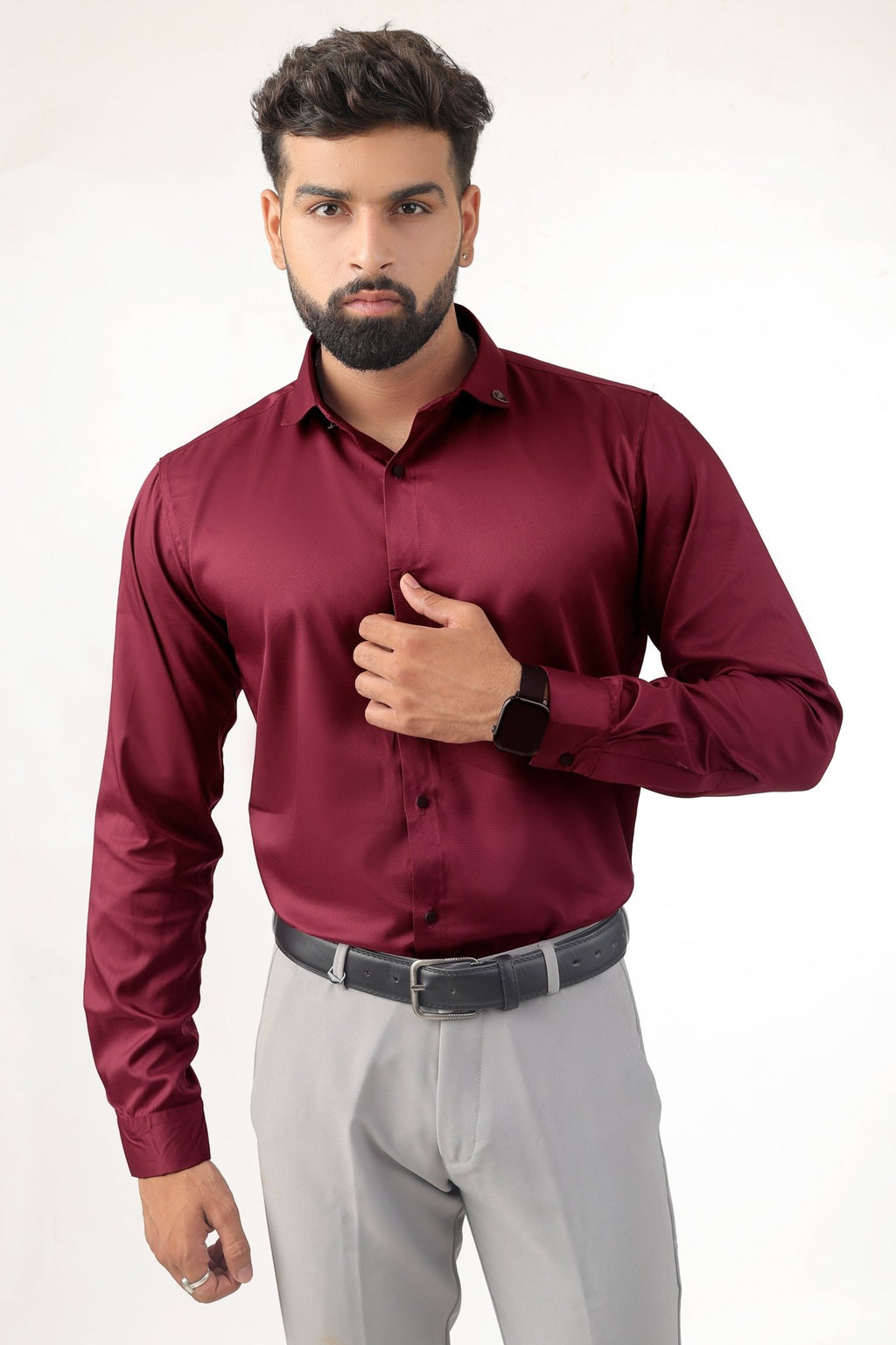 Maroon Satin Shirt for Men – Half Front View