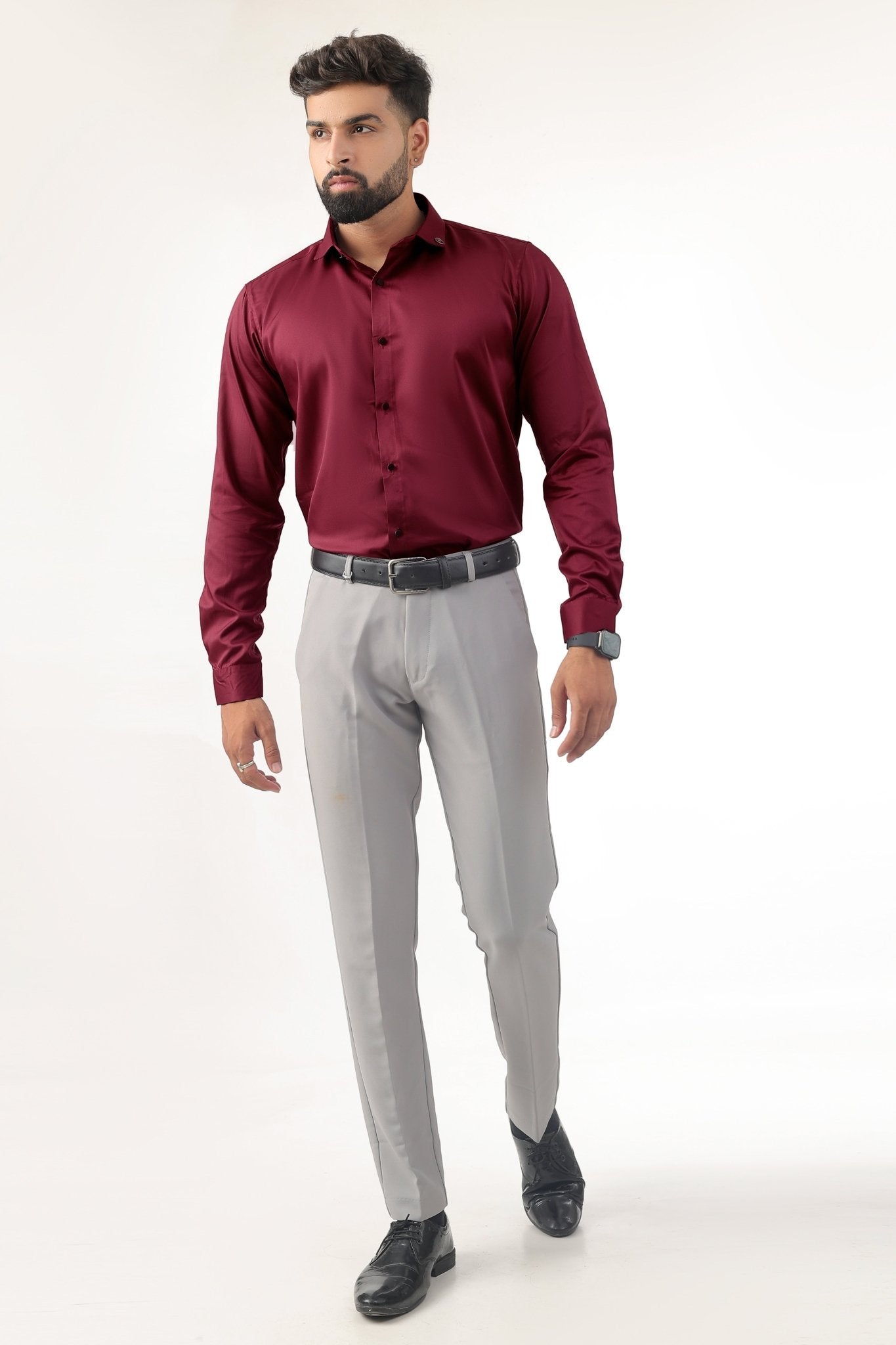Maroon Satin Shirt for Men – Slim Fit Full Front View