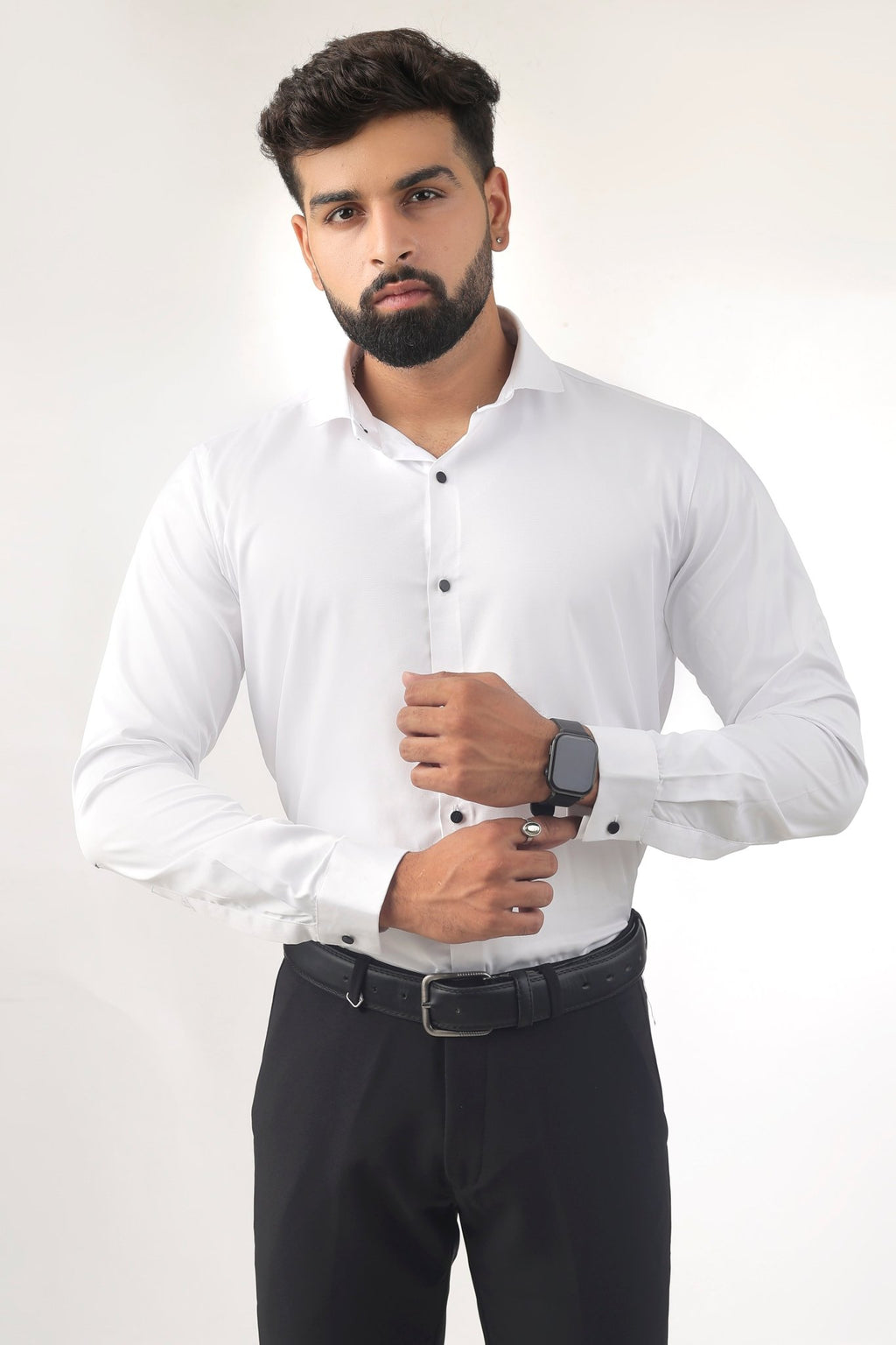 White Satin Shirt for Men – Slim Fit Full Front View