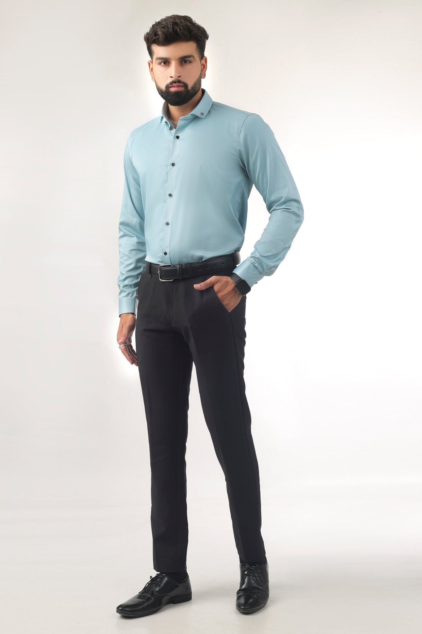 Sky Blue Satin Shirt for Men – Slim Fit Full Front View