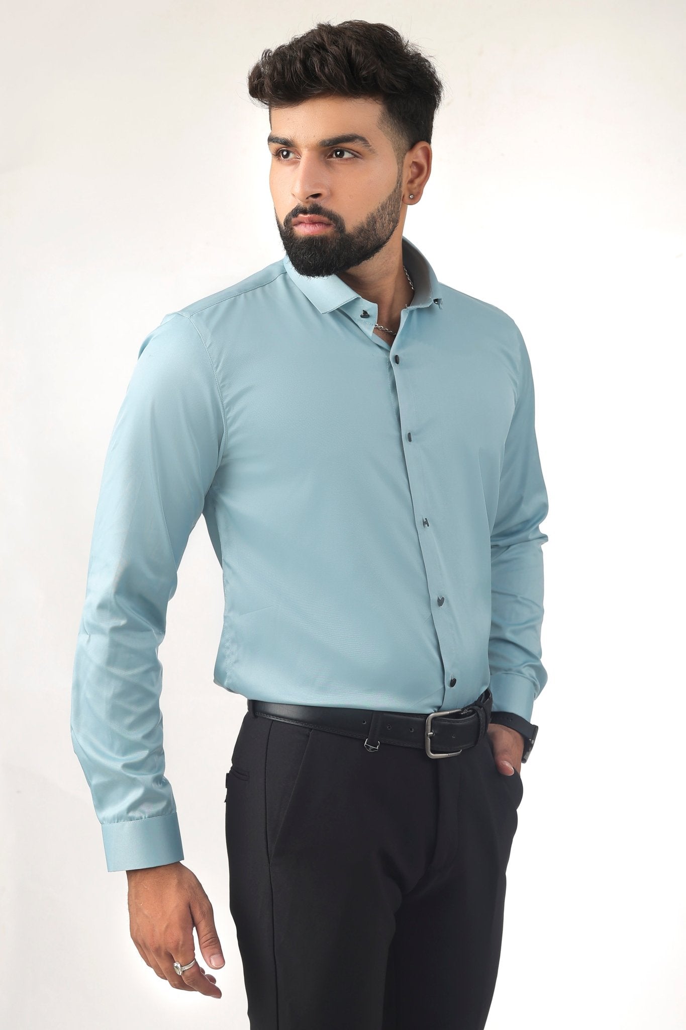 Sky Blue Satin Shirt for Men – Side Profile View