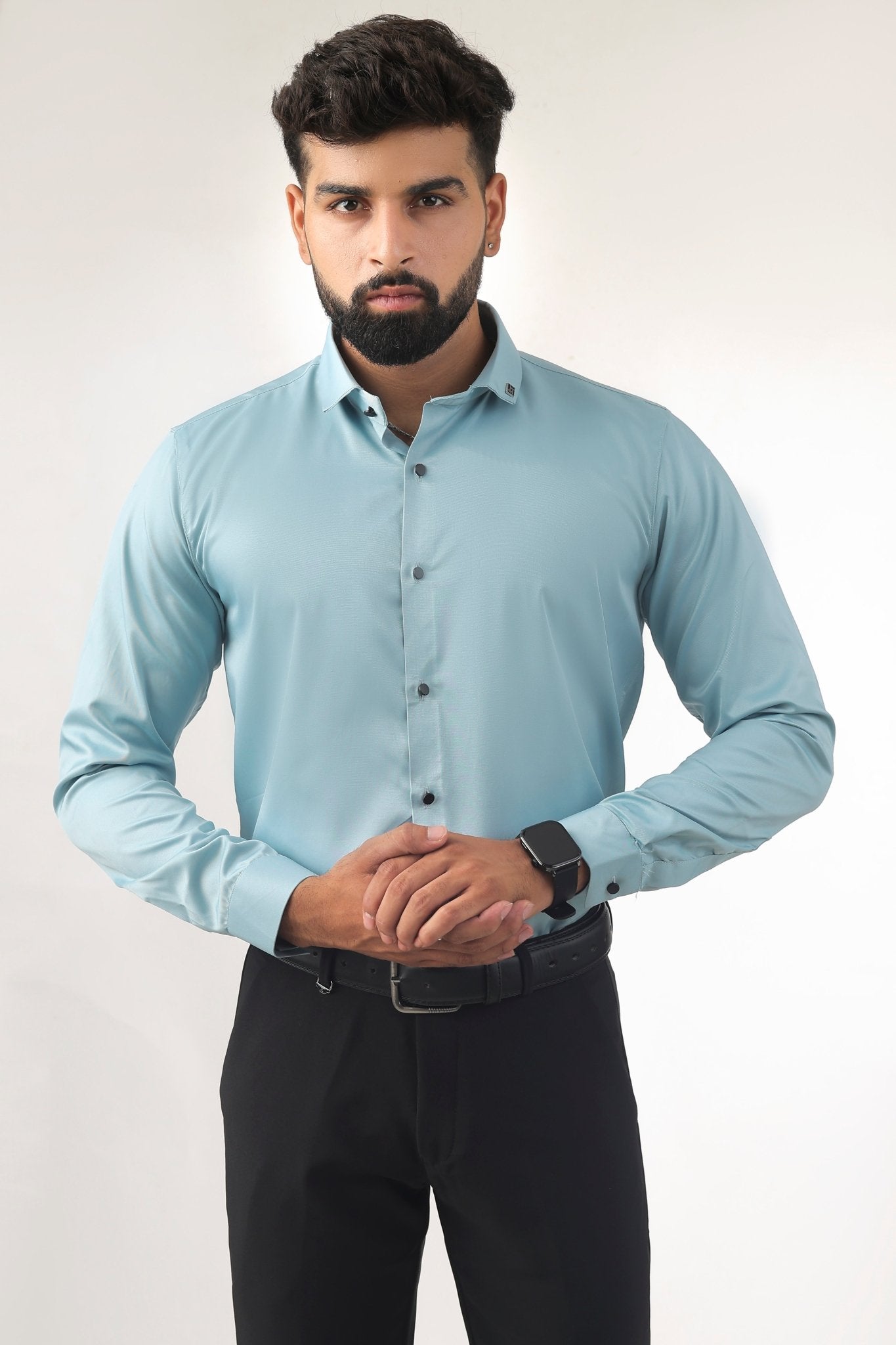 Sky Blue Satin Shirt for Men – Slim Fit Full Front View