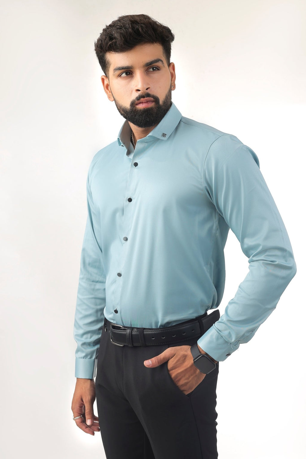 Sky Blue Satin Shirt for Men – Three-Quarter Side View