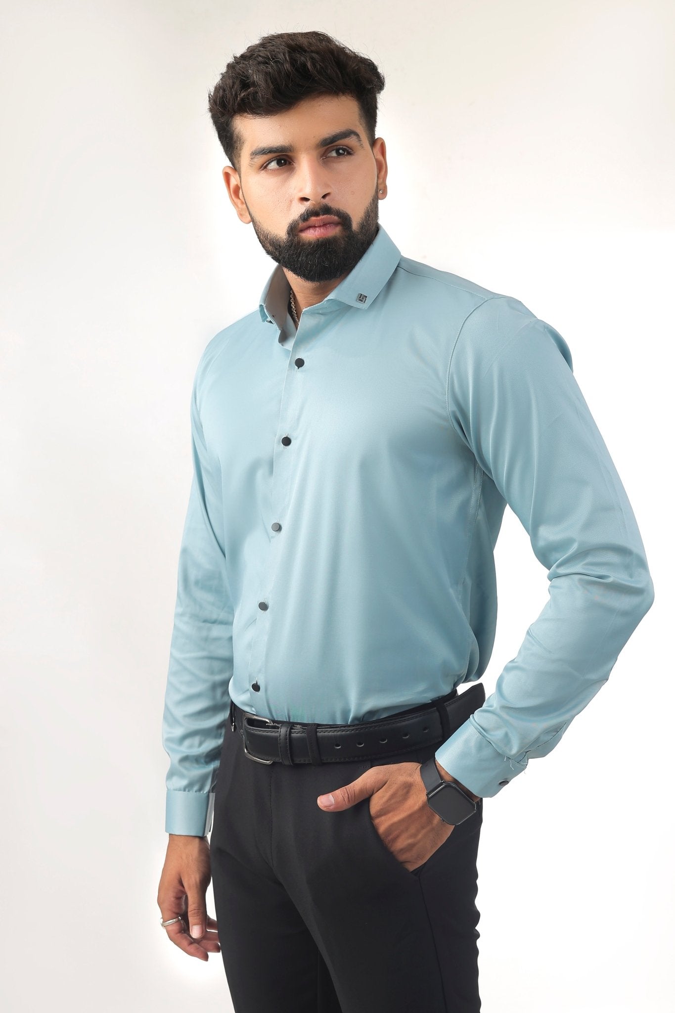 Sky Blue Satin Shirt for Men – Three-Quarter Side View
