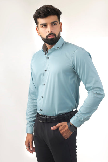 Sky Blue Satin Shirt for Men – Three-Quarter Side View
