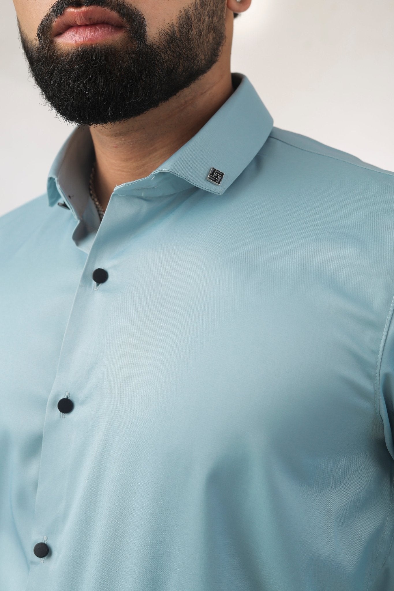 Sky Blue Satin Shirt for Men – Close-Up Detail View