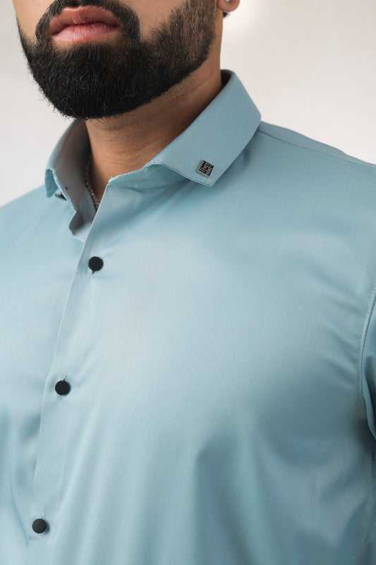 Sky Blue Satin Shirt for Men – Close-Up Detail View