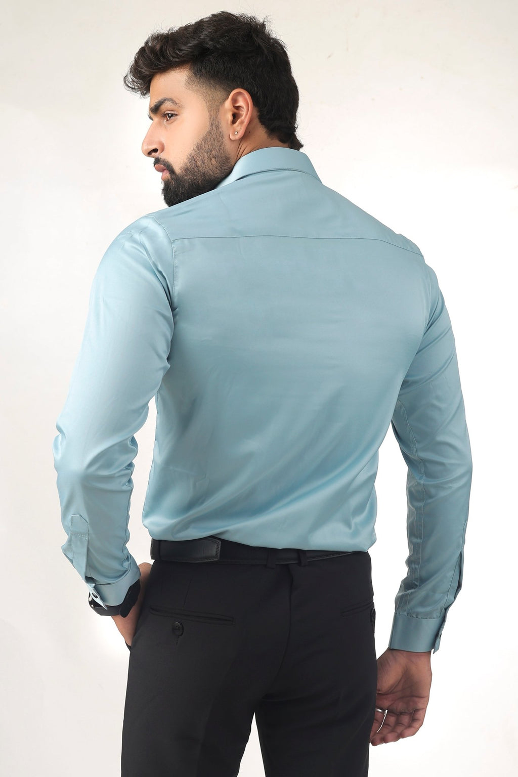 Sky Blue Satin Shirt for Men – Back View
