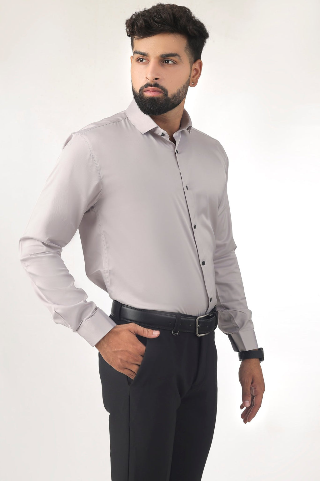Light Grey Satin Shirt for Men – Side Profile View