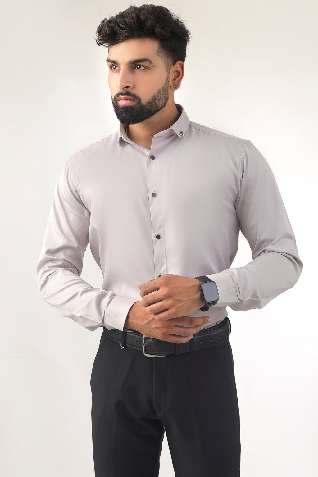 Light Grey Satin Shirt for Men – Front Profile View