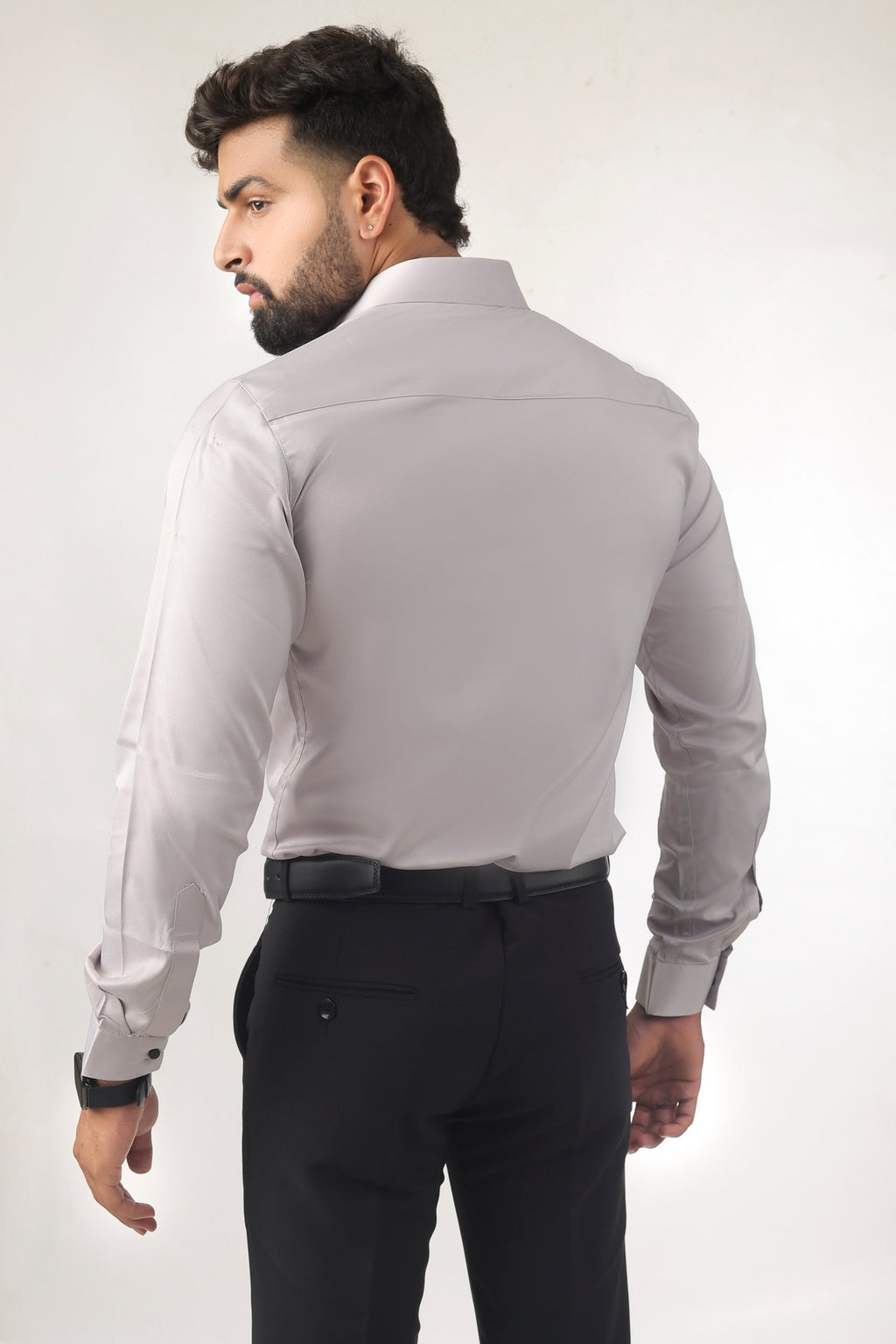 Light Grey Satin Shirt for Men – Back Profile View