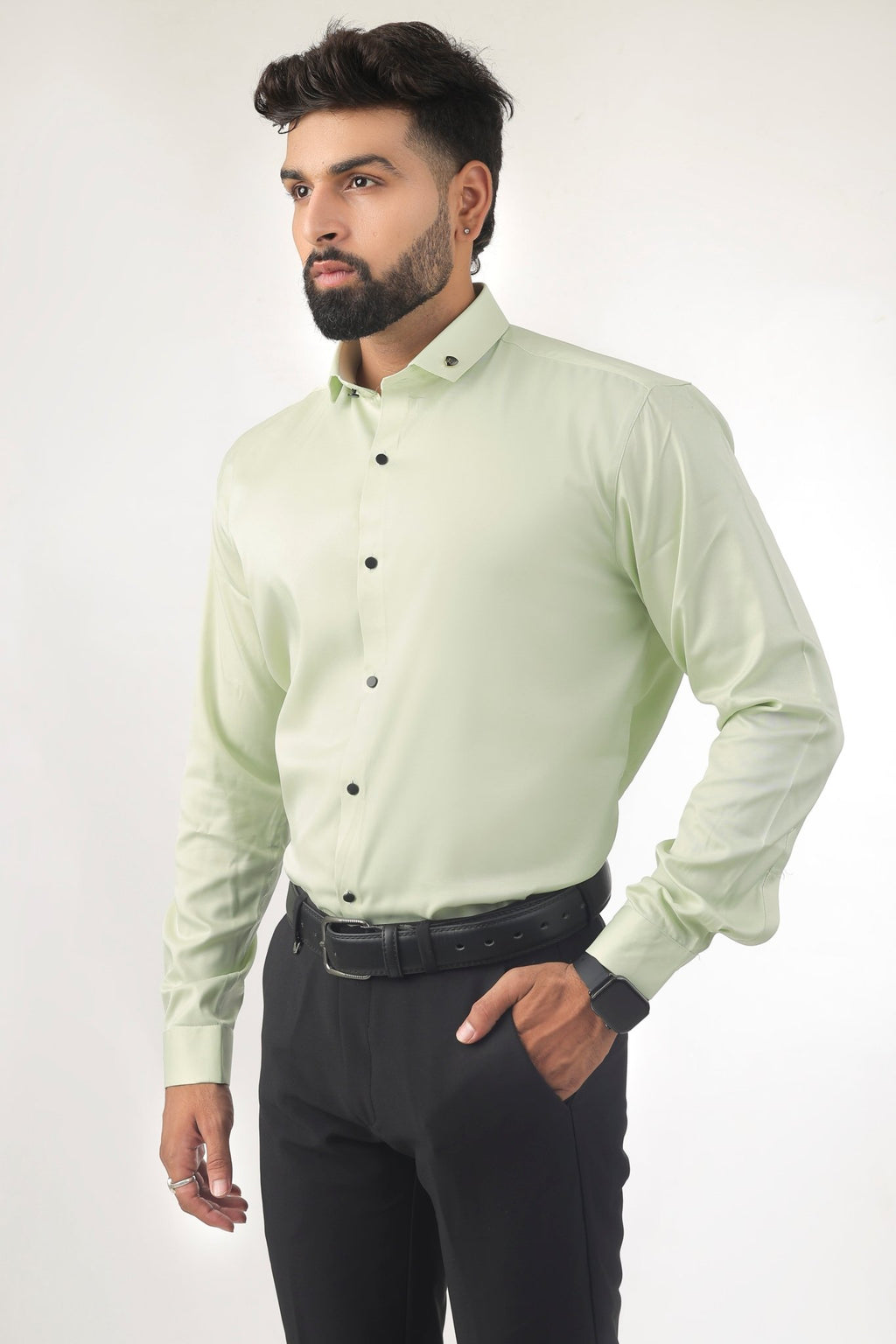 Mint Green Satin Shirt for Men – Side Profile View
