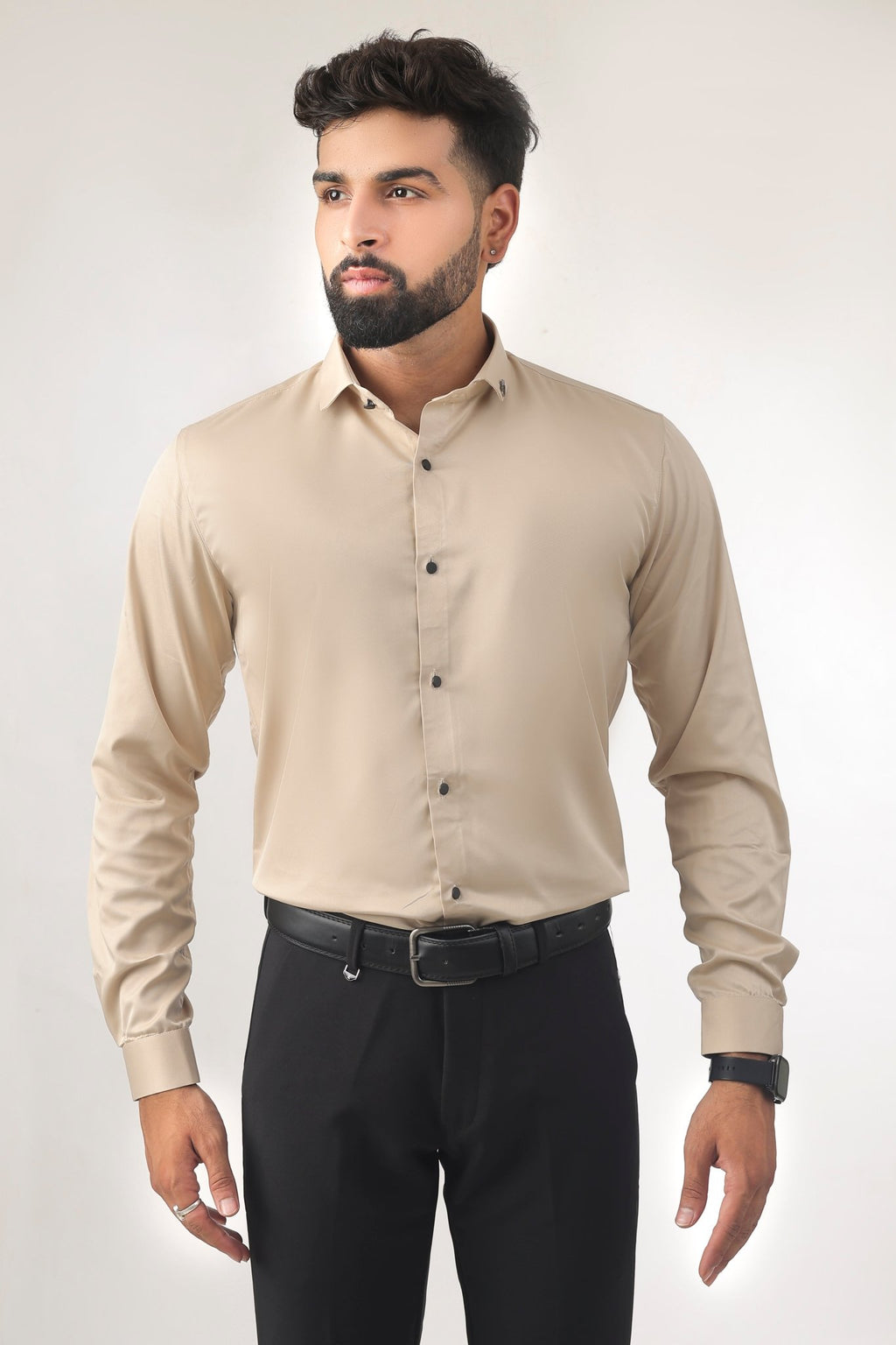 Beige Satin Shirt for Men – Slim Fit Full Front View