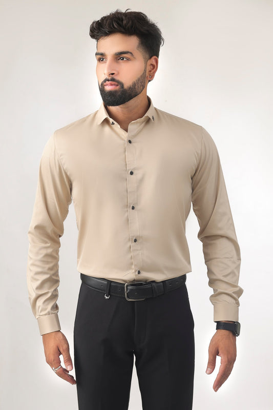 Beige Satin Shirt for Men – Slim Fit Full Front View