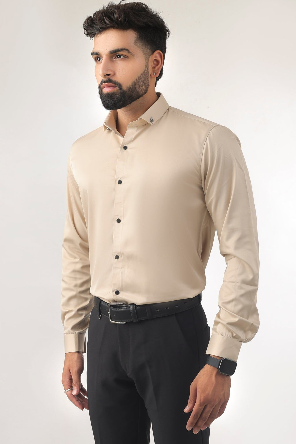 Beige Satin Shirt for Men – Side Profile View