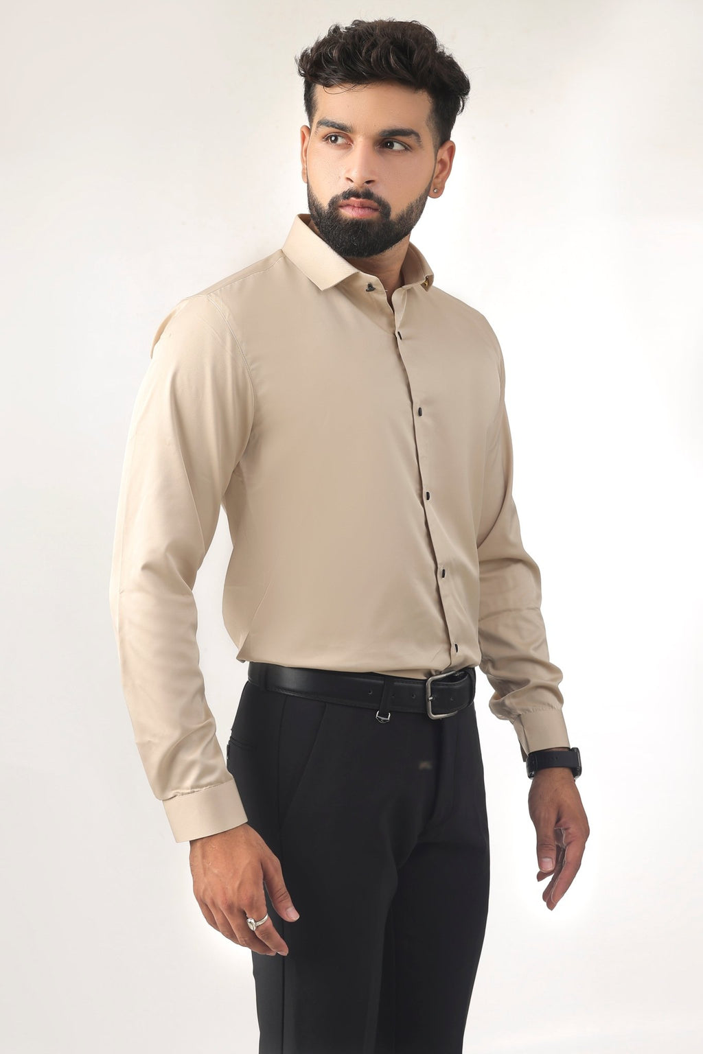 Beige Satin Shirt for Men – Side Profile View