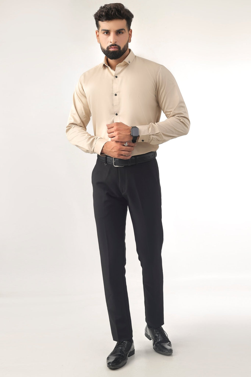 Beige Satin Shirt for Men – Slim Fit Full Front View