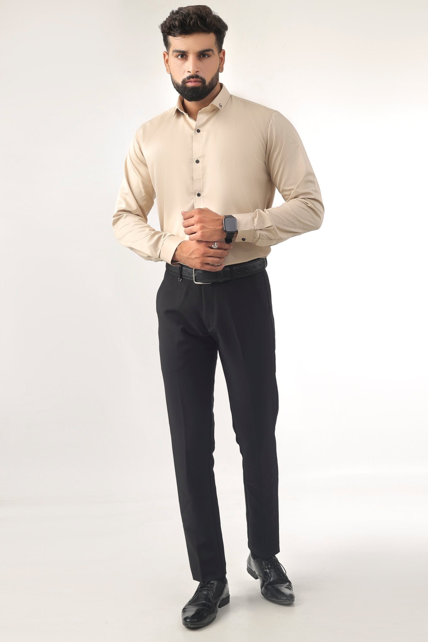Beige Satin Shirt for Men – Slim Fit Full Front View