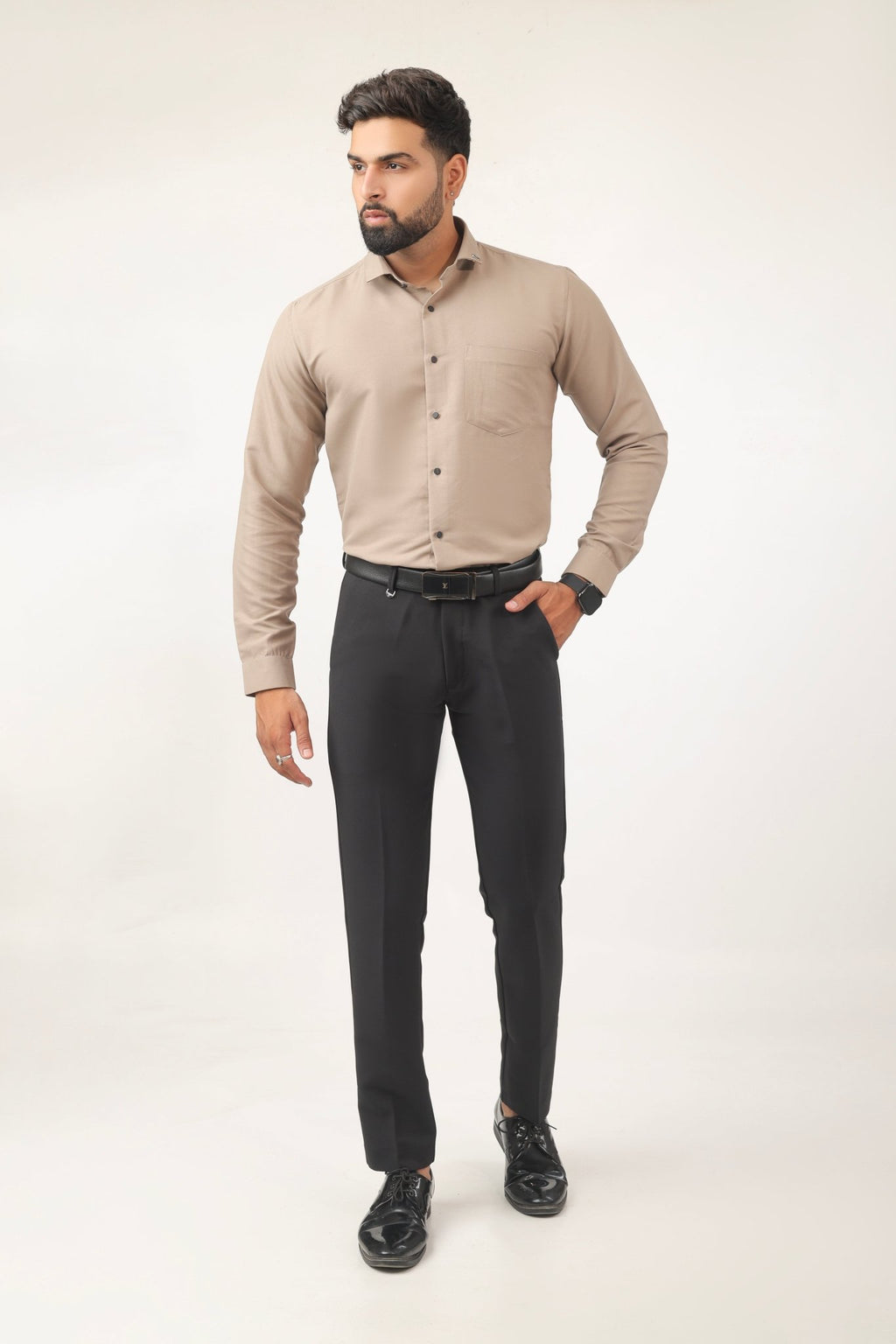 Model wearing beige shirt – clean formal look