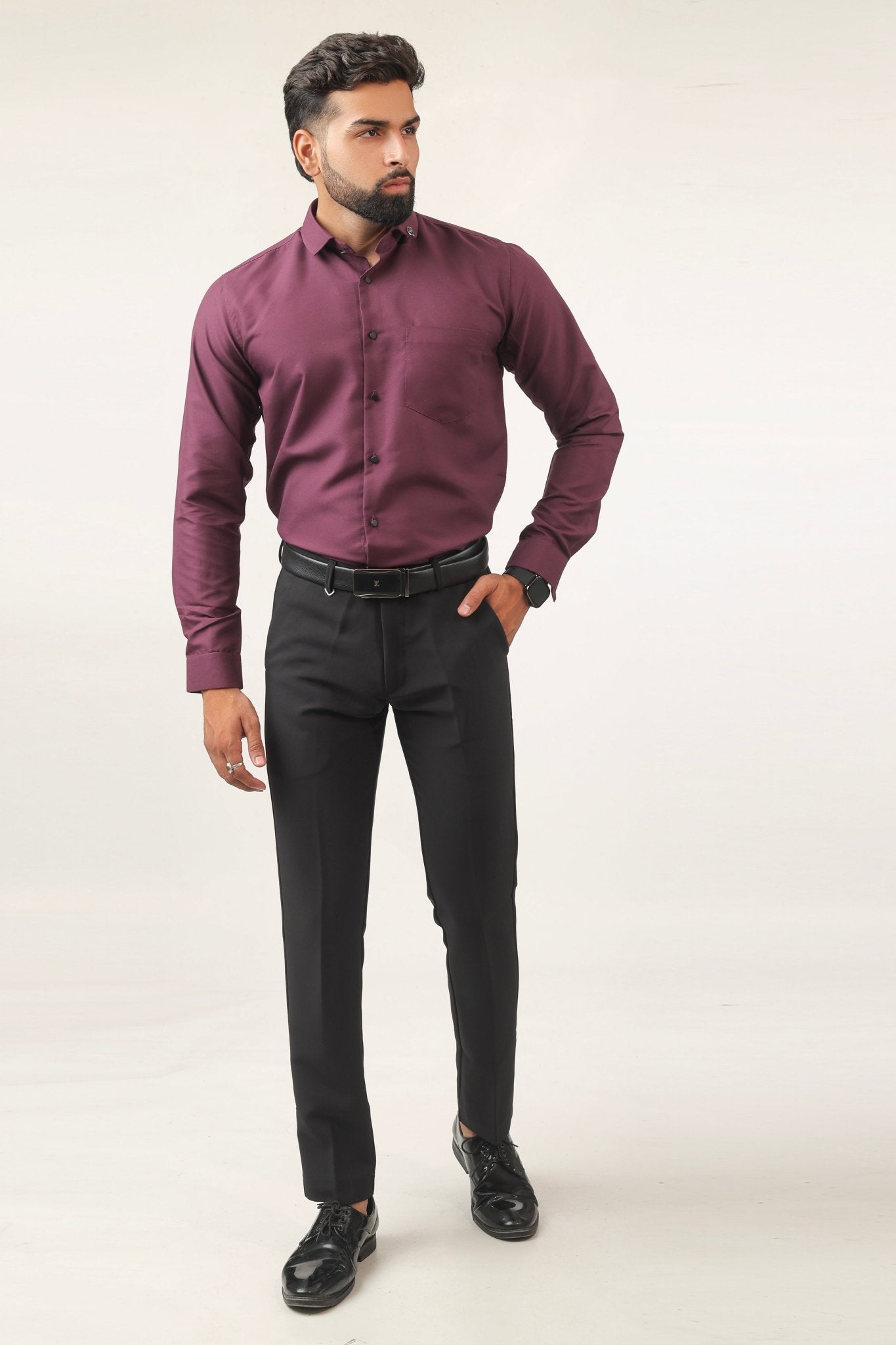 Man wearing purple cotton shirt – stylish casual outfit for men