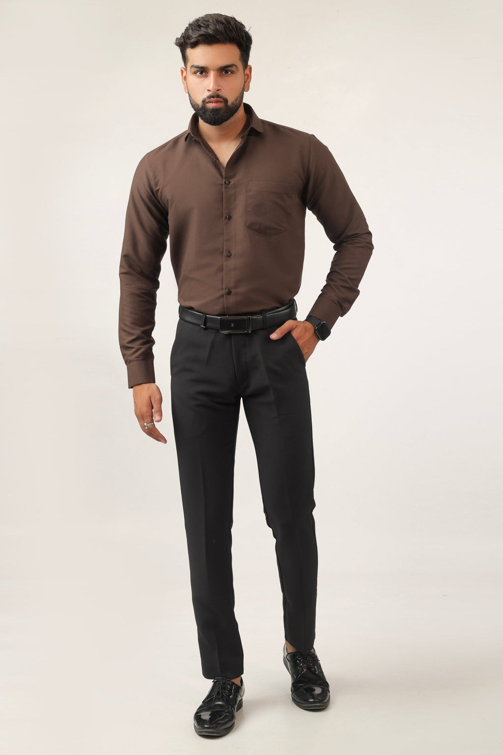 Model wearing brown cotton shirt – formal casual outfit