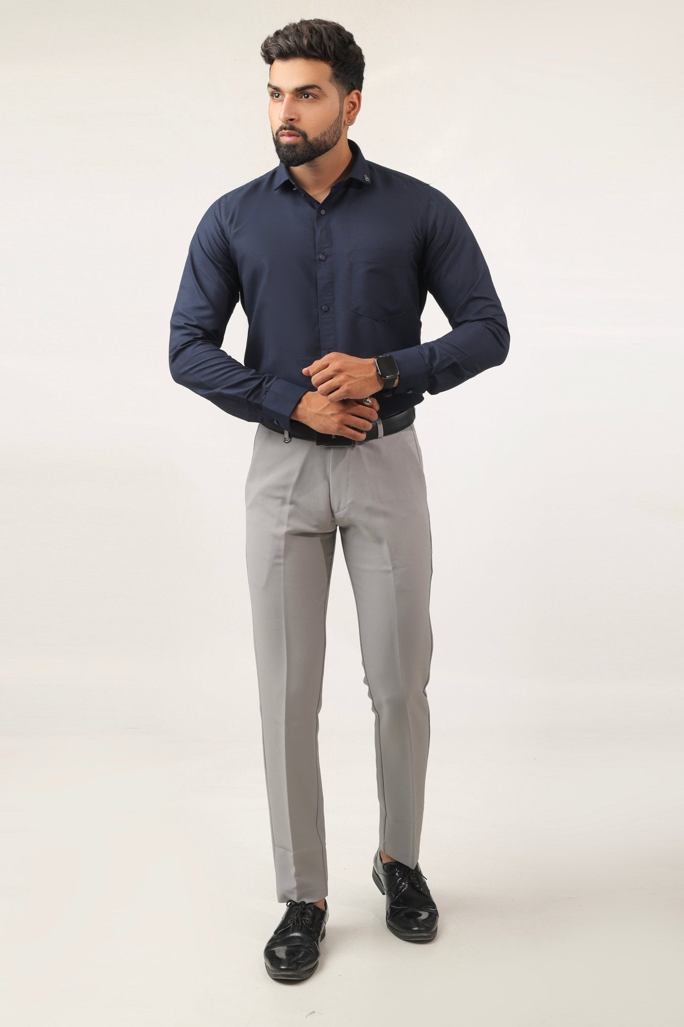 Model wearing navy blue cotton shirt – formal casual style