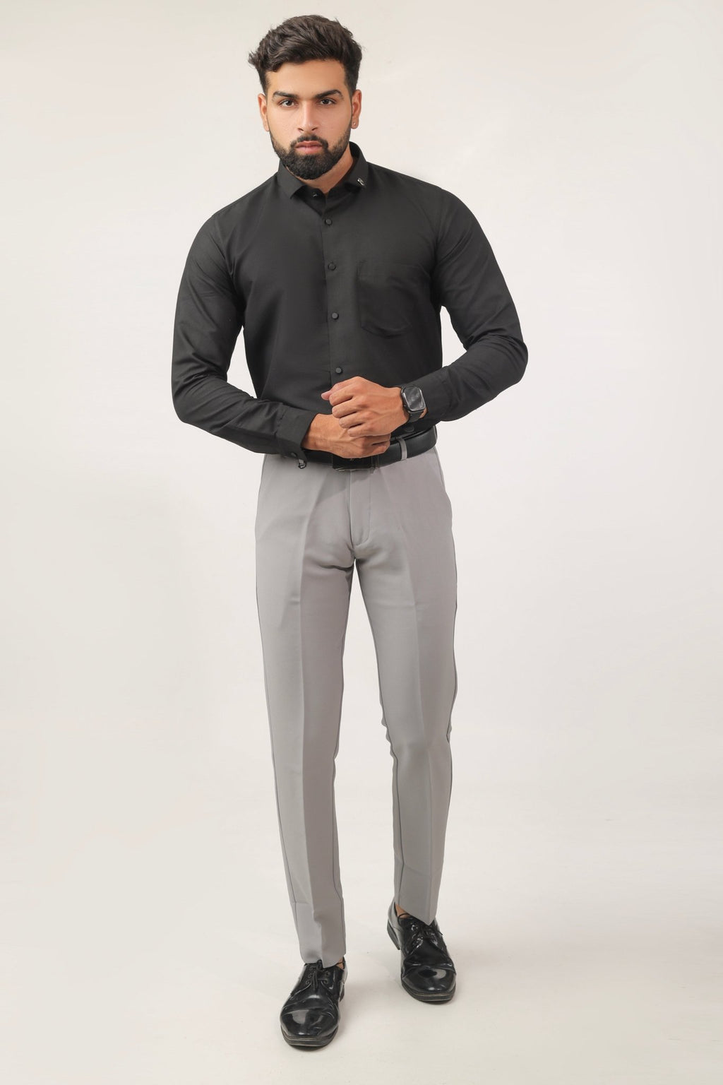 Model wearing black cotton shirt – classic and sharp outfit