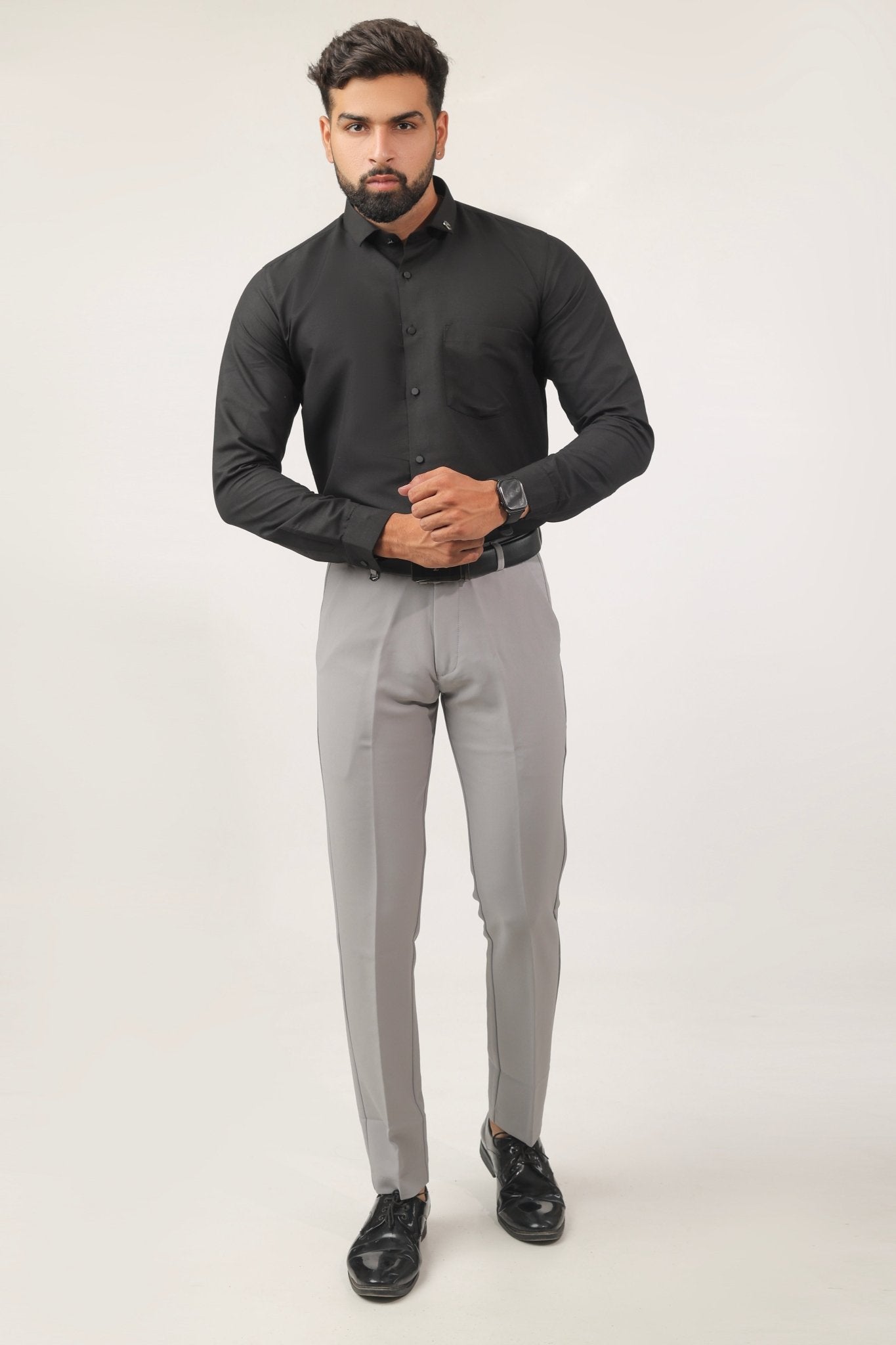 Model wearing black cotton shirt – classic and sharp outfit