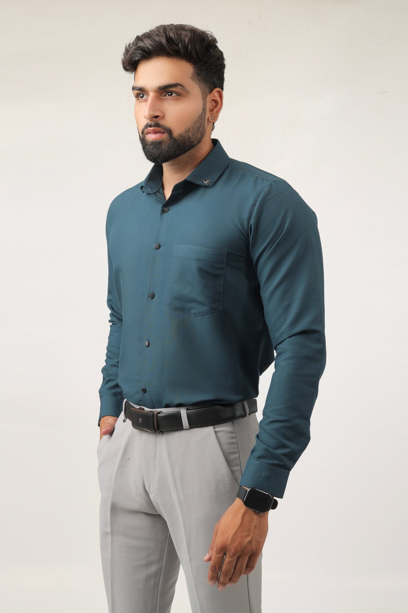 Side view of teal green shirt – breathable cotton design