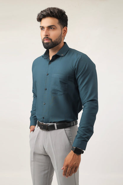 Side view of teal green shirt – breathable cotton design