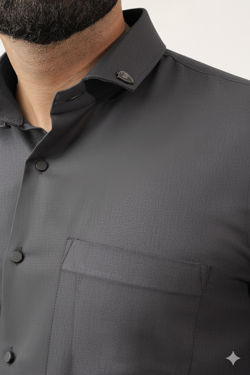 “Dark grey cotton men’s shirt collar detail – premium cotton fabric”