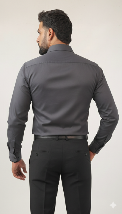 “Dark grey cotton men’s shirt back view – smart casual cotton wear”