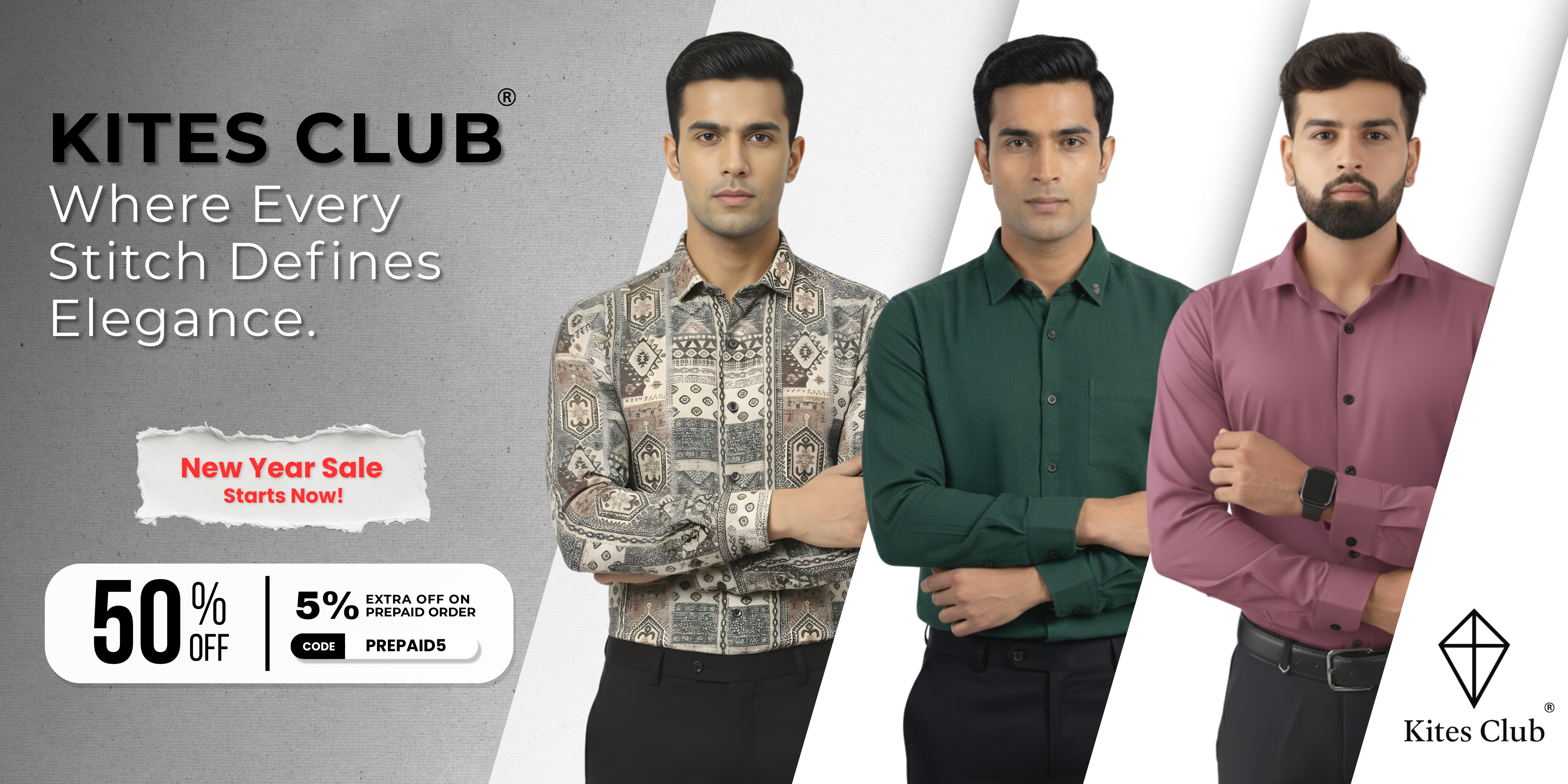 Kites Club New Year Sale – Premium Men's Shirts with Up to 50% Off and Extra 5% Prepaid Discount | Stylish Printed, Green, and Maroon Formal Shirts.