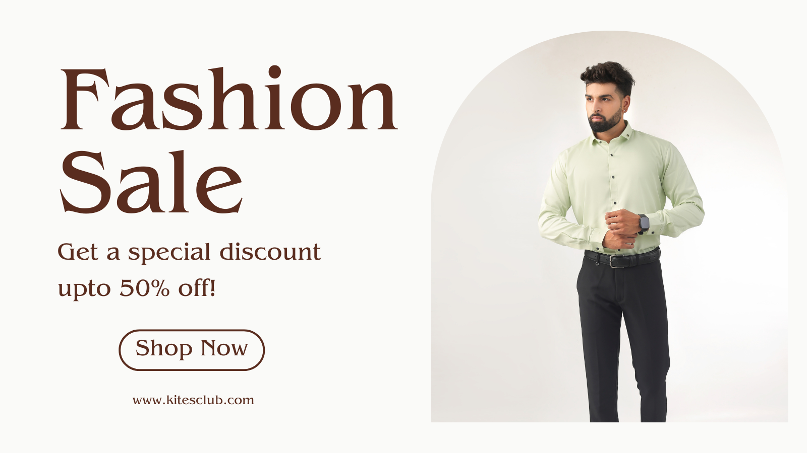 Advertisement for a fashion sale with a man in a light green shirt and dark pants, featuring text and a website URL.