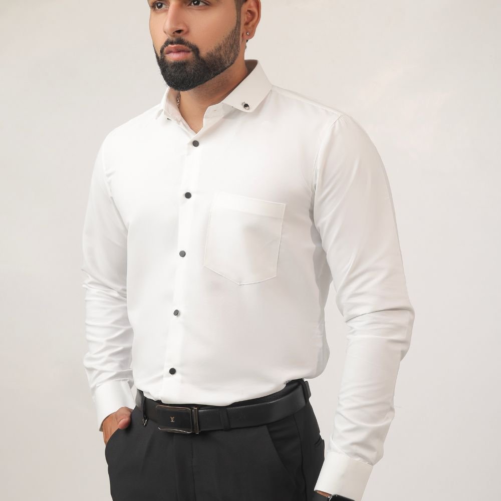 Side view of white slim fit cotton shirt for men