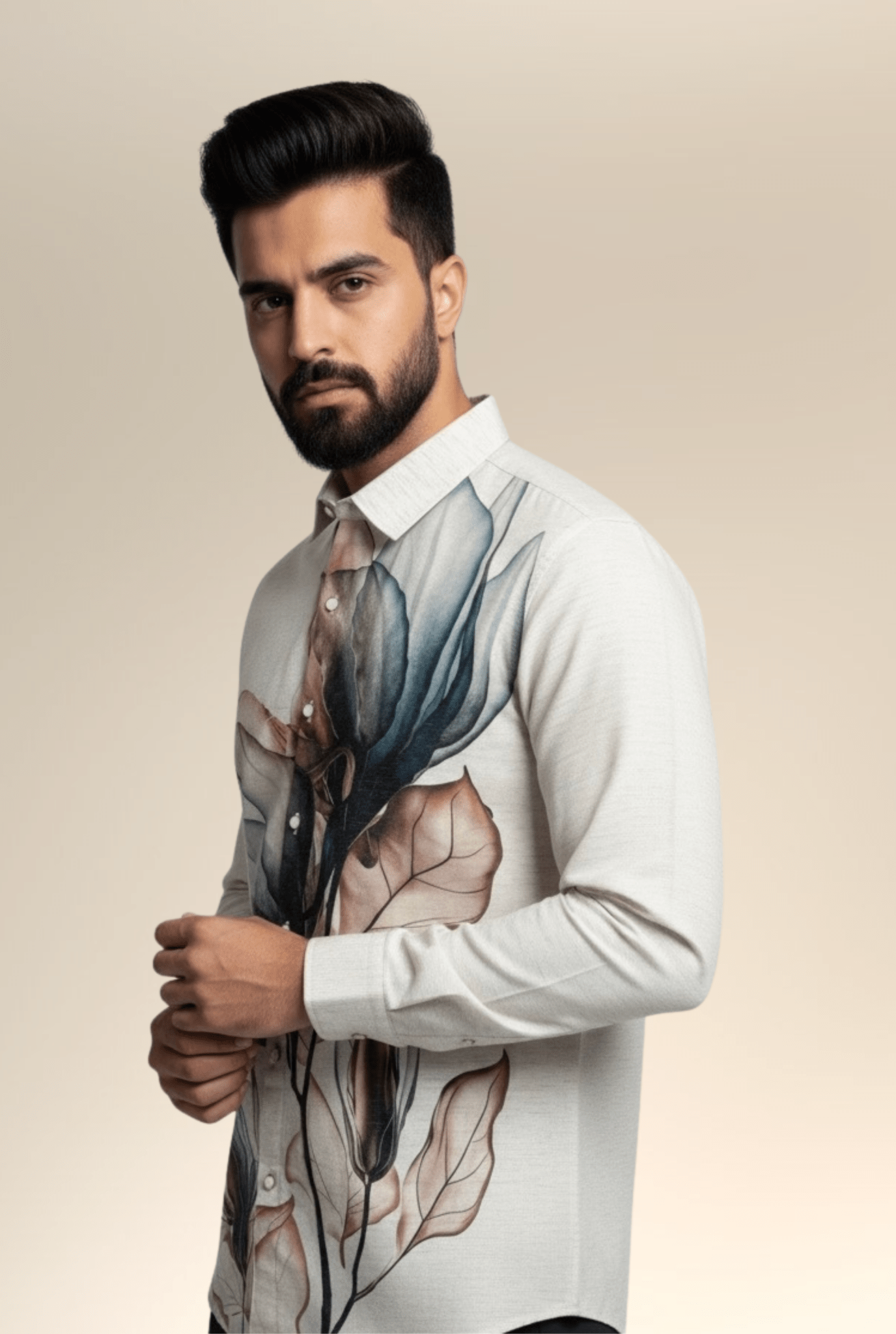 Men's Natural Linen Floral Digital Print Shirt | Magnolia Bloom - Kites Club