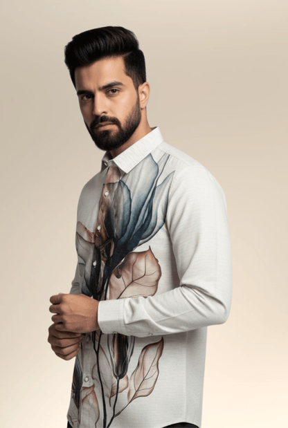 Men's Natural Linen Floral Digital Print Shirt | Magnolia Bloom - Kites Club