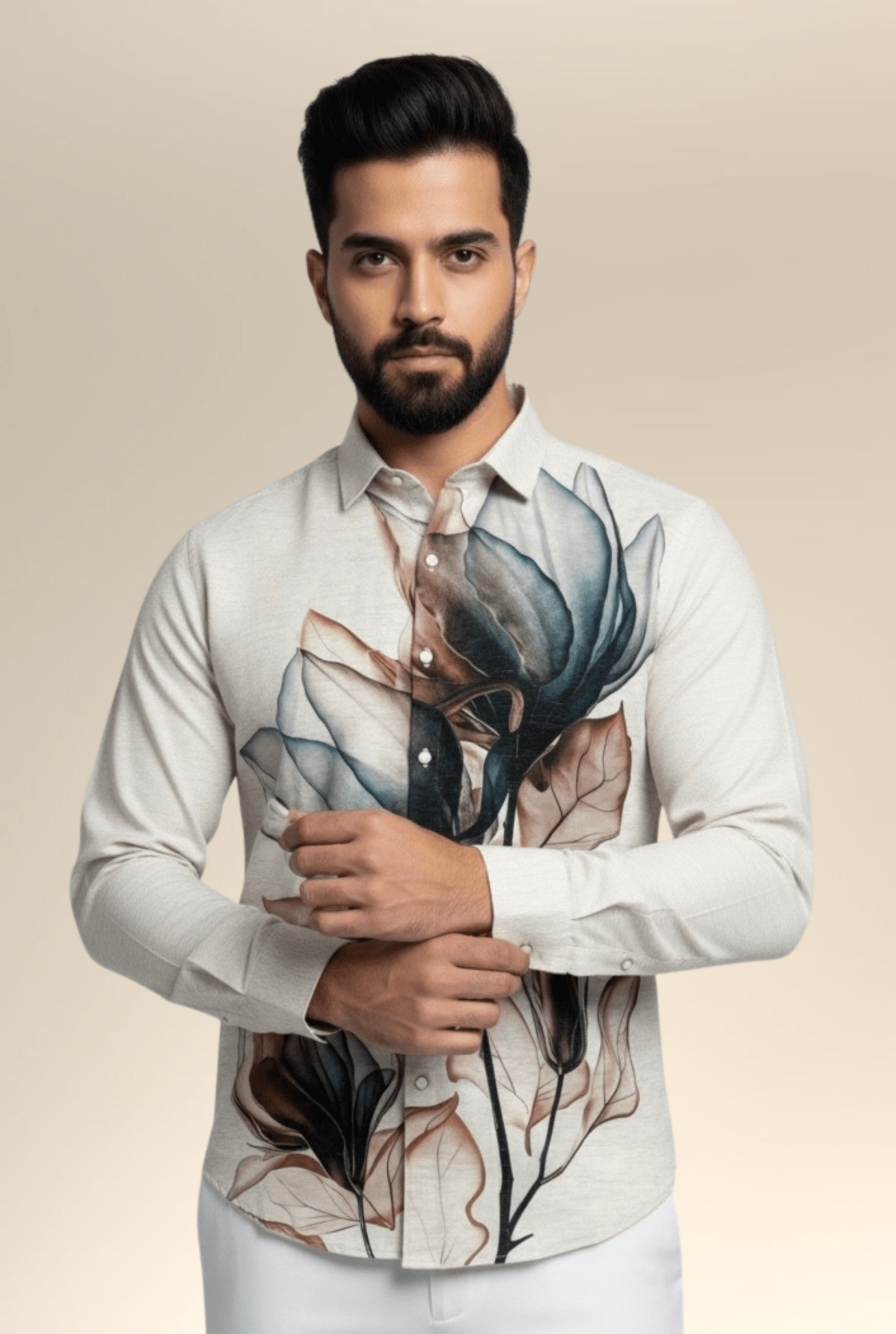 Men's Natural Linen Floral Digital Print Shirt | Magnolia Bloom - Kites Club