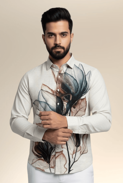 Men's Natural Linen Floral Digital Print Shirt | Magnolia Bloom - Kites Club