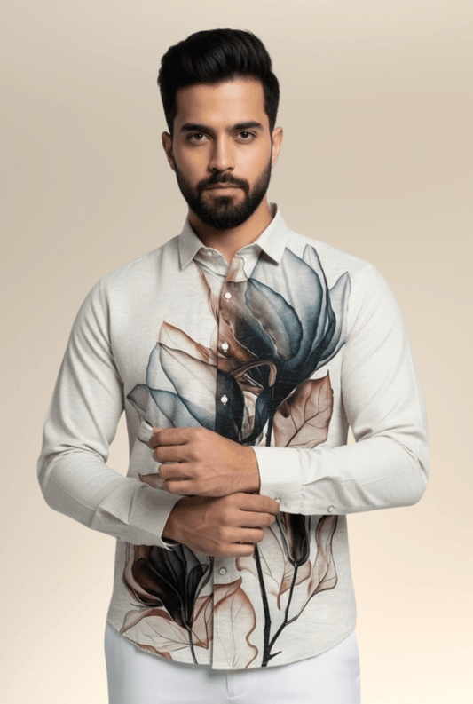 Men's Natural Linen Floral Digital Print Shirt | Magnolia Bloom - Kites Club