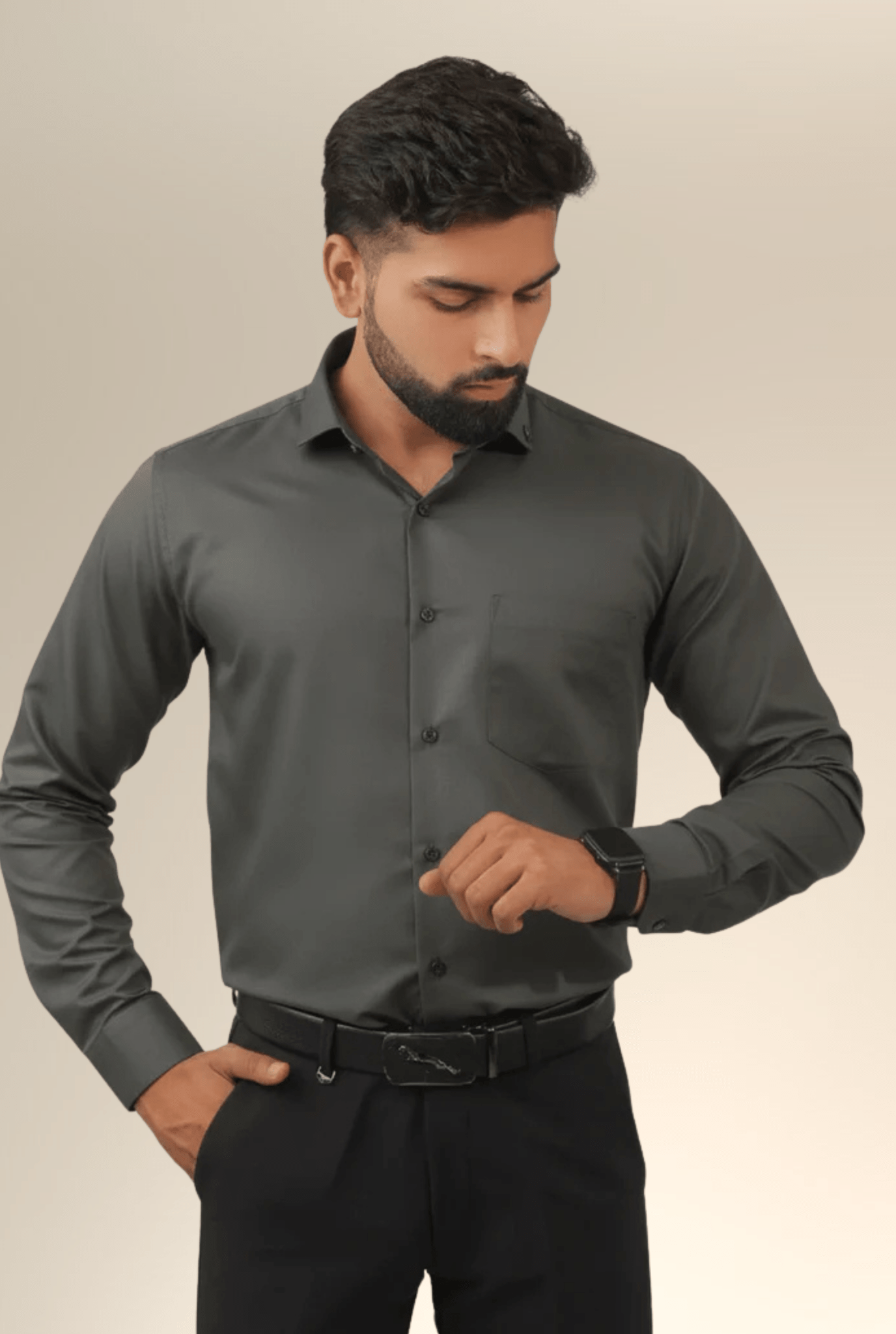 “Men’s dark grey cotton slim fit shirt front view – Kites Club”