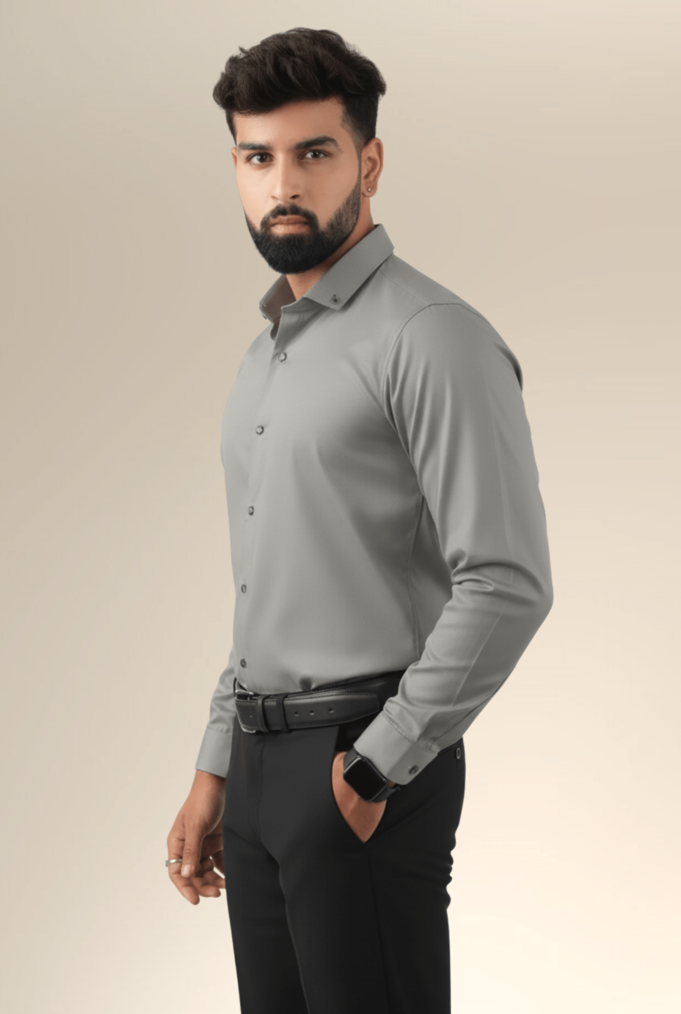 Men’s Dark Grey Satin Shirt – side angle view