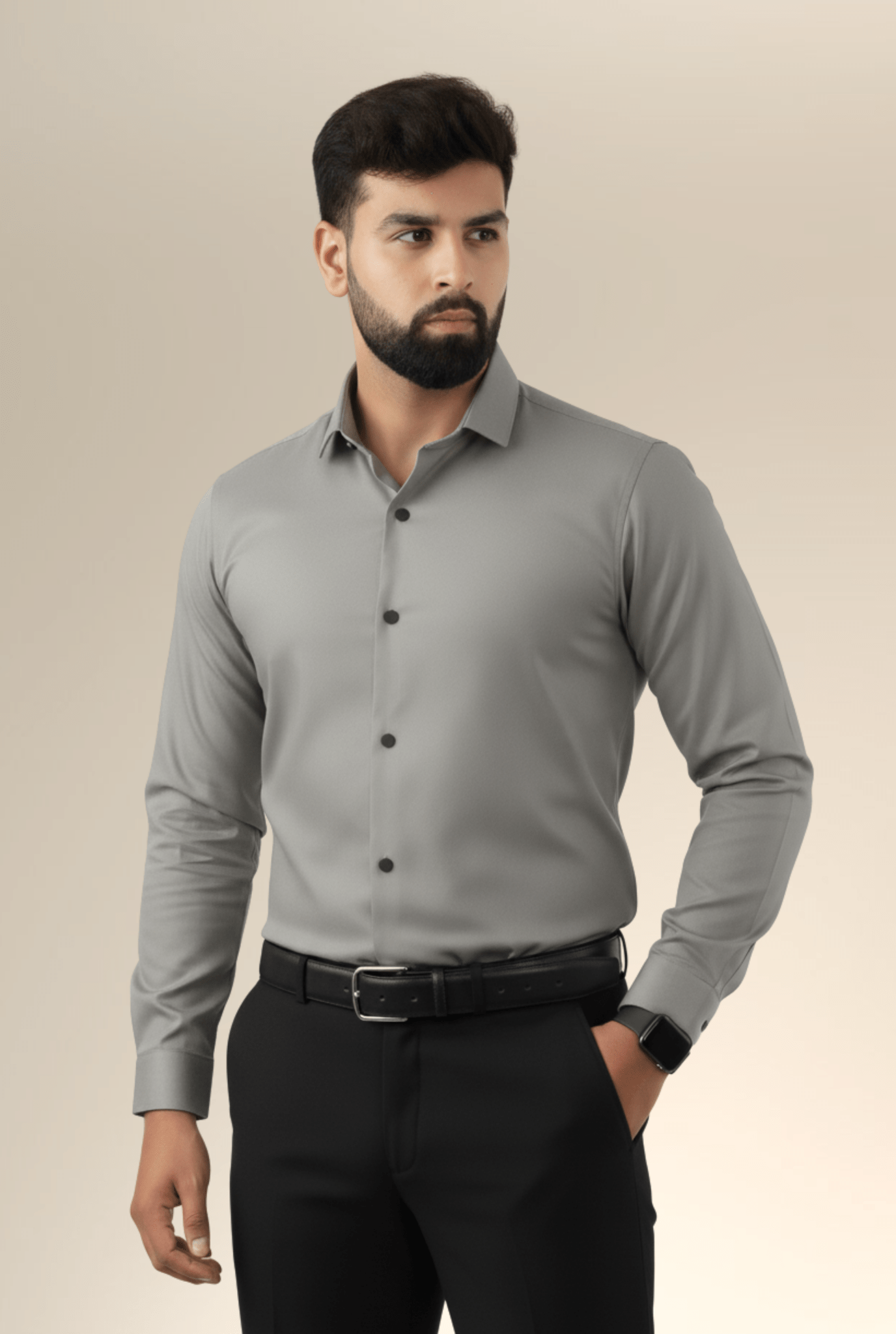 Model wearing Men’s Dark Grey Satin Shirt by Kites Club – front view