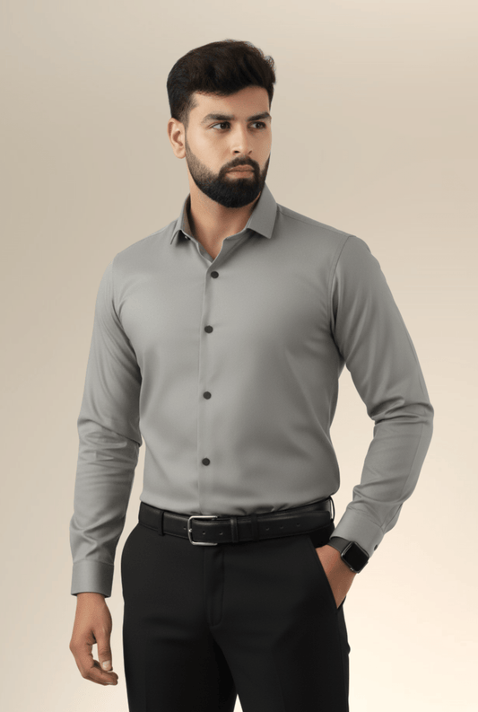 Model wearing Men’s Dark Grey Satin Shirt by Kites Club – front view