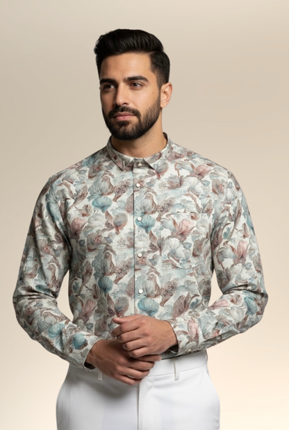 Men’s Natural Linen Floral Printed Shirt – Breathable & Timeless Style