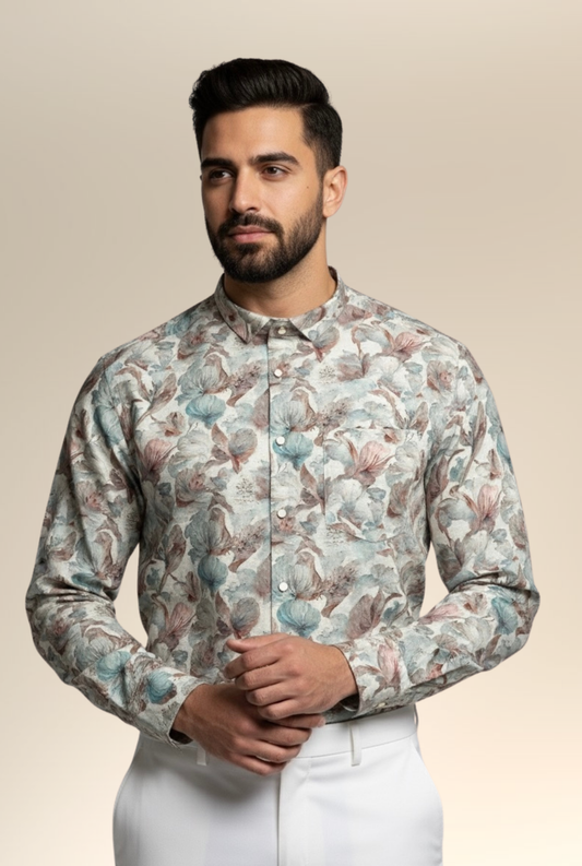 Men’s Natural Linen Floral Printed Shirt – Breathable & Timeless Style