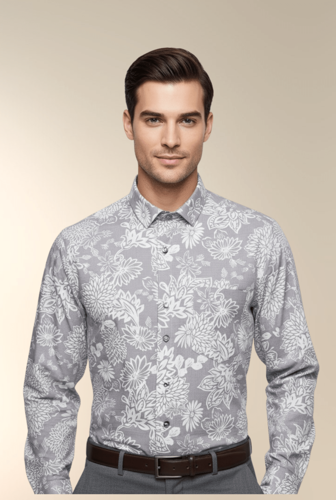 Men’s Cotton Floral Shirt – Light Purple with White Print, Full Sleeve Casual Wear
