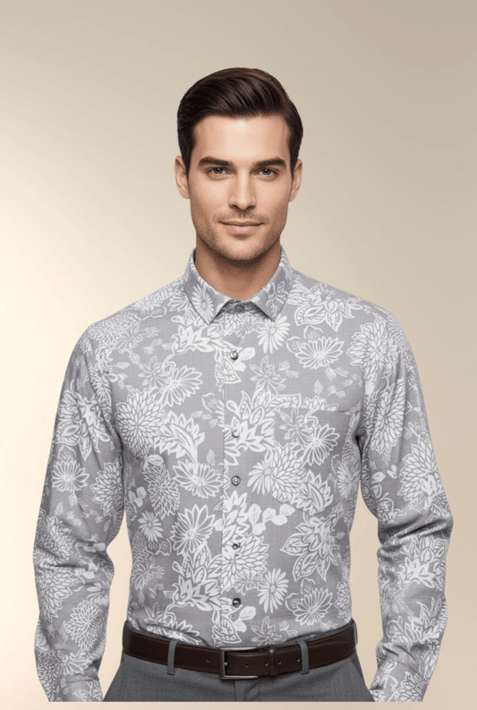 Men’s Cotton Floral Shirt – Light Purple with White Print, Full Sleeve Casual Wear