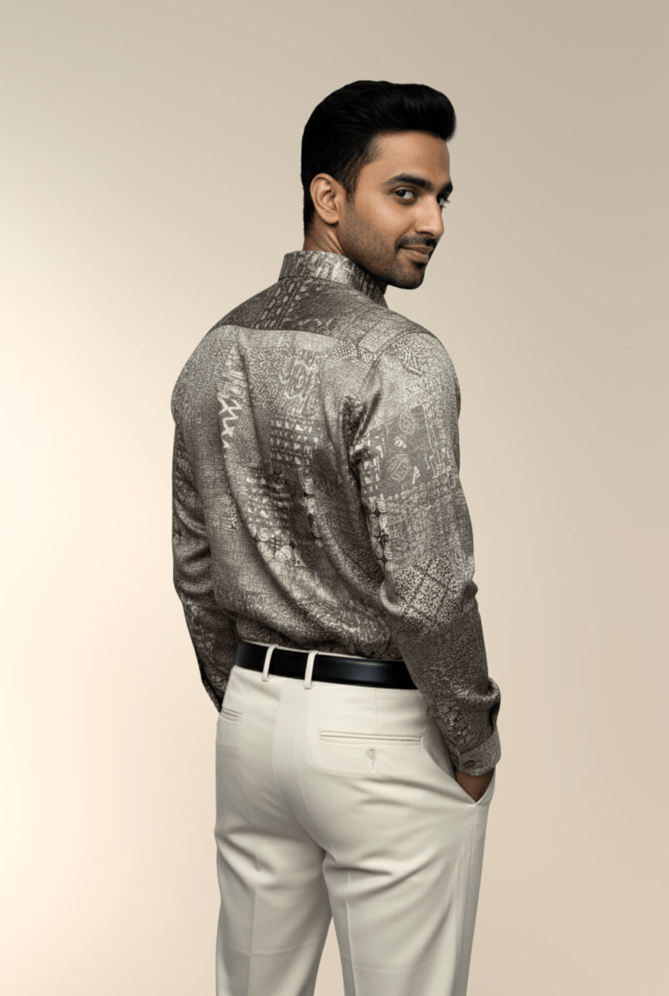 Back View – Men’s Satin Printed Shirt, Beige Grey Pattern