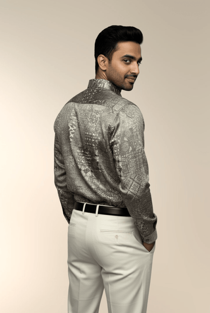 Back View – Men’s Satin Printed Shirt, Beige Grey Pattern